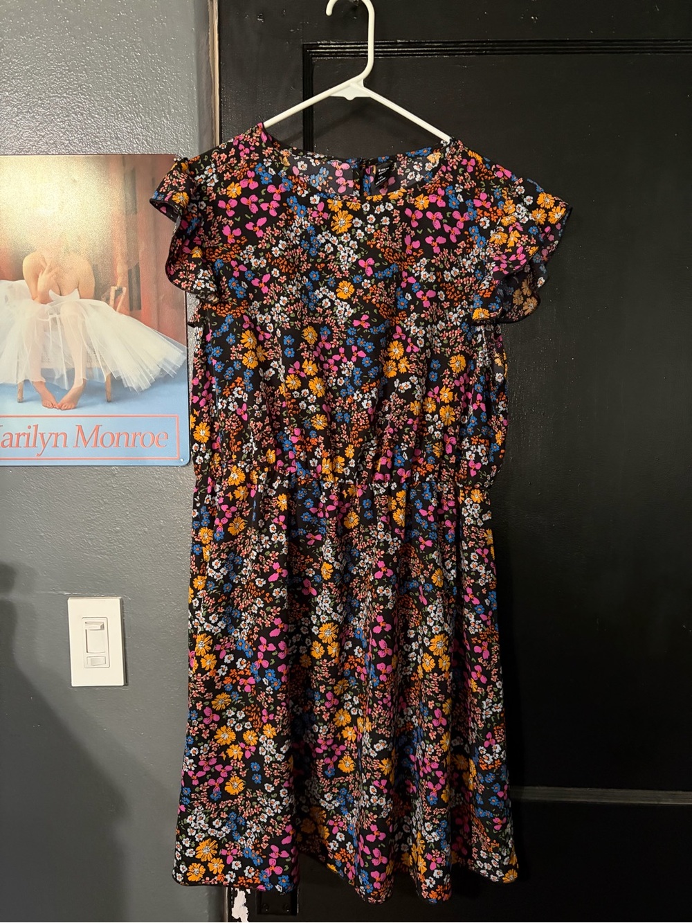 Women Black Floral Easy-Wear Dress with Pink & Yellow Accents